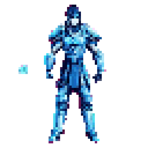 Fully armored character in blue armor standing at attention, with a small light-blue cube to the left against a magenta background.