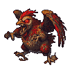 A monstrous chicken with glowing red eyes, sharp talons extended, and a gaping maw with jagged teeth. Its feathered body is a mix of deep reds and earthy browns, with tattered wings.