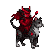 A small, red devil with horns and bat wings perches atop a grey tabby cat. The devil grins mischievously while the cat looks forward stoically.