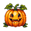 Anthropomorphic pumpkin with a wide grin and expressive eyes, green leaves, against a black background.