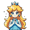 Portrait of a young woman with light yellow hair, peachy orange skin, and a light blue dress and crown, hands clasped in front of her chest.