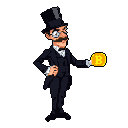 A pixel art male character in a top hat, suit, and monocle extends a yellow coin with a white "B" symbol.