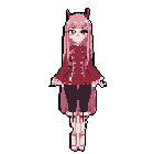 A stylized character with pastel pink waist-length hair, pale pink skin, and small red horns stands facing forward. She wears a dark red jacket with lighter red detailing over dark shorts and light thigh-high stockings.