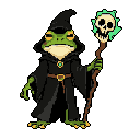 Anthropomorphic frog wizard in a dark robe and pointed hat, holding a staff topped with a glowing lime green skull.