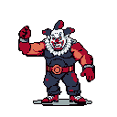 Muscular clown with snarling face, pointed teeth, and three red-tipped conical tufts of hair, standing in an aggressive pose with fists clenched. The character wears a blue-gray outfit with red accents and white face paint. The background is a solid dark blue-gray.