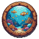 Underwater scene viewed through a porthole, showing a vibrant coral reef with three clownfish swimming amidst pink, purple, and orange coral. A sandy seabed recedes into a hazy blue background. The porthole has a rusty brown metal frame with visible fasteners.