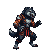Anthropomorphic wolf character in dark armor with orange accents, mid-kick in a dynamic combat stance.