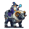 Grizzled wizard in a pointed blue hat and purple robes conjures a pulsating magic orb while riding a mechanical sheep with metallic legs and ram-like head.