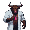 Muscular minotaur in a white lab coat holds a glowing pink liquid vial, looking at it with a curious and mischievous expression.