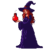 A witch with auburn hair in a purple gown and pointed hat holds a glowing crimson potion with swirling magical vapor.