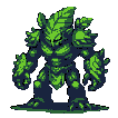 A humanoid creature made of dark earth and vibrant green leaves stands ready, with clenched fists.