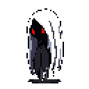 Mysterious figure in a bright white hood with glowing red eyes, standing centrally against a medium gray background.