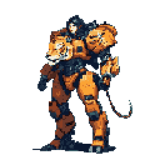Female character in an orange and black robotic suit with tiger stripe accents and a tiger head shoulder piece, standing with a robotic tail extended.