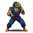 Muscular humanoid with a fish head, wearing a blue gi and brown belt, stands in a fighting stance with clenched fists.