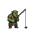 Green-skinned orc with tattered tunic and rough trousers, holding a fishing rod and looking expectantly at the water.