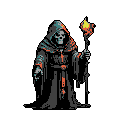A skeletal figure in dark robes, resembling a Grim Reaper, holds a flaming staff.