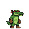 Pixel art alligator fighter wearing a red bandana, brown boxing gloves, and boots.