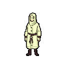 A standing figure in a pale yellowish-white hooded coat, dark brown belt, and dark brown boots. The face has simple dark red dot eyes and mouth.