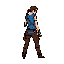A pixel art female character in a three-quarter profile, facing right, with dark brown hair, a bright blue top, and dark brown pants and boots against a dark teal background.