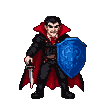 Menacing vampire in a black suit and red cape, baring fangs in a sinister grin, dances with a gleaming dagger and a vibrant blue shield.