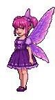 Whimsical pixie with pink twin buns, pointed ears, and a sparkling purple dress. Iridescent pink and purple wings flutter gracefully, conveying levitation and a playful mood.