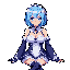 Chest-up portrait of a stylized female character with light blue hair and eyes, wearing a dark blue and white maid uniform with frills and a bow.