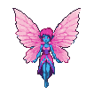 A blue-skinned pixie with magenta hair hovers with translucent pink wings.