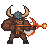 Minotaur with horned helmet and armor drawing a fiery crossbow.