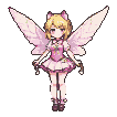 A pixie with blonde hair and translucent pink wings, wearing a frilly pink dress, poses playfully.