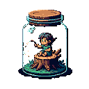 Child-like figure sitting on a tree stump inside a glass jar, holding a glowing stick that emits luminous particles.