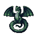 A desaturated green and blue-green pixel art dragon with unfurled wings, coiled in an 'S' shape against a grey background.