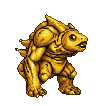 A golden, reptilian creature with a fish head, sharp dorsal fins, and armored plating.