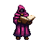 A hooded, robed figure reads an open book, rendered in purple and magenta pixels against a dark background.