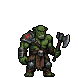 Green-skinned orc with muscular build, wearing rugged armor and loincloth, mid-swing with a large axe.