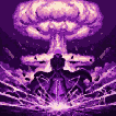 A lone figure silhouetted against a giant, purple, pulsating mushroom cloud.