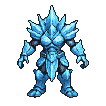 A humanoid figure composed of shimmering, crystalline blue ice with jagged shards forming armor, standing stoically.