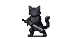A charcoal-furred cat warrior in a low stance holds a gleaming sword, ready for action.