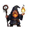 Stout, bearded dwarf wizard casting a ball of flame with their right hand, holding a staff in their left.