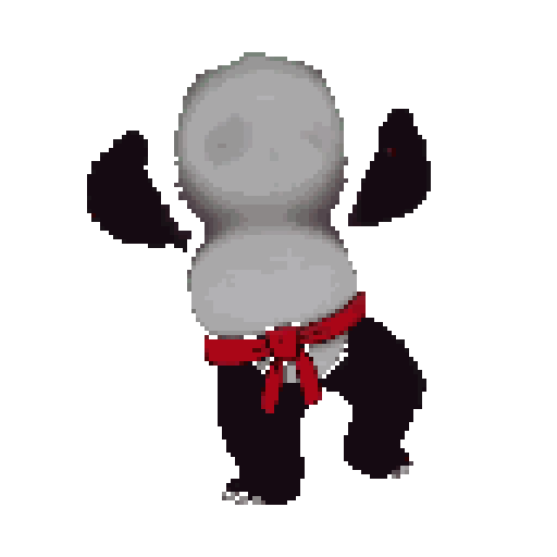 Panda bear in a martial arts stance, wearing a red karate belt, facing away with head turned left.