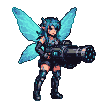 Fierce blue-haired pixie with translucent wings, holding a minigun in a combat-ready stance.