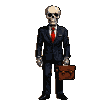 Dapper skeleton in a suit and red tie running to the right, holding a briefcase.