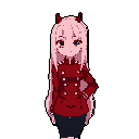 Anime-style female character with long light pink hair, two small dark red horns, and dark blue eyes, wearing a dark red jacket and dark gray skirt.