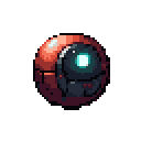 A spherical, mechanical drone with a glowing cyan eye, rendered in pixel art with red-orange and dark grey details, set against a solid teal background.
