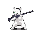Stylized anthropomorphic white cat in a combat stance, aiming a rifle.