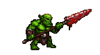 Ferocious green-skinned orc in rugged armor performs a brutal upward and downward combo attack with a jagged, blood-red spear.