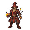 A fire mage in crimson robes and a pointed hat casts a spell, with flames erupting from his hand and around his boots.