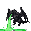 A dark-scaled dragon in mid-air expels a glowing stream of radioactive green liquid that splatters and pools with luminescence.