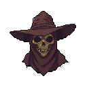 A skeletal head wearing a hooded cowl and a wide-brimmed hat, viewed head-on against a solid reddish-brown background.