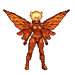 Pixie with fiery hair, segmented armor, and large, glowing leaf-like wings launching into flight.