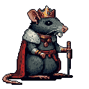 A regal rat king, standing upright and wearing a golden crown with jewels, a red cape lined with white fur, and a crimson belt with golden accents. The rat rests its left paw on the hilt of a sword planted beside it. The background is a muted pinkish-brown.